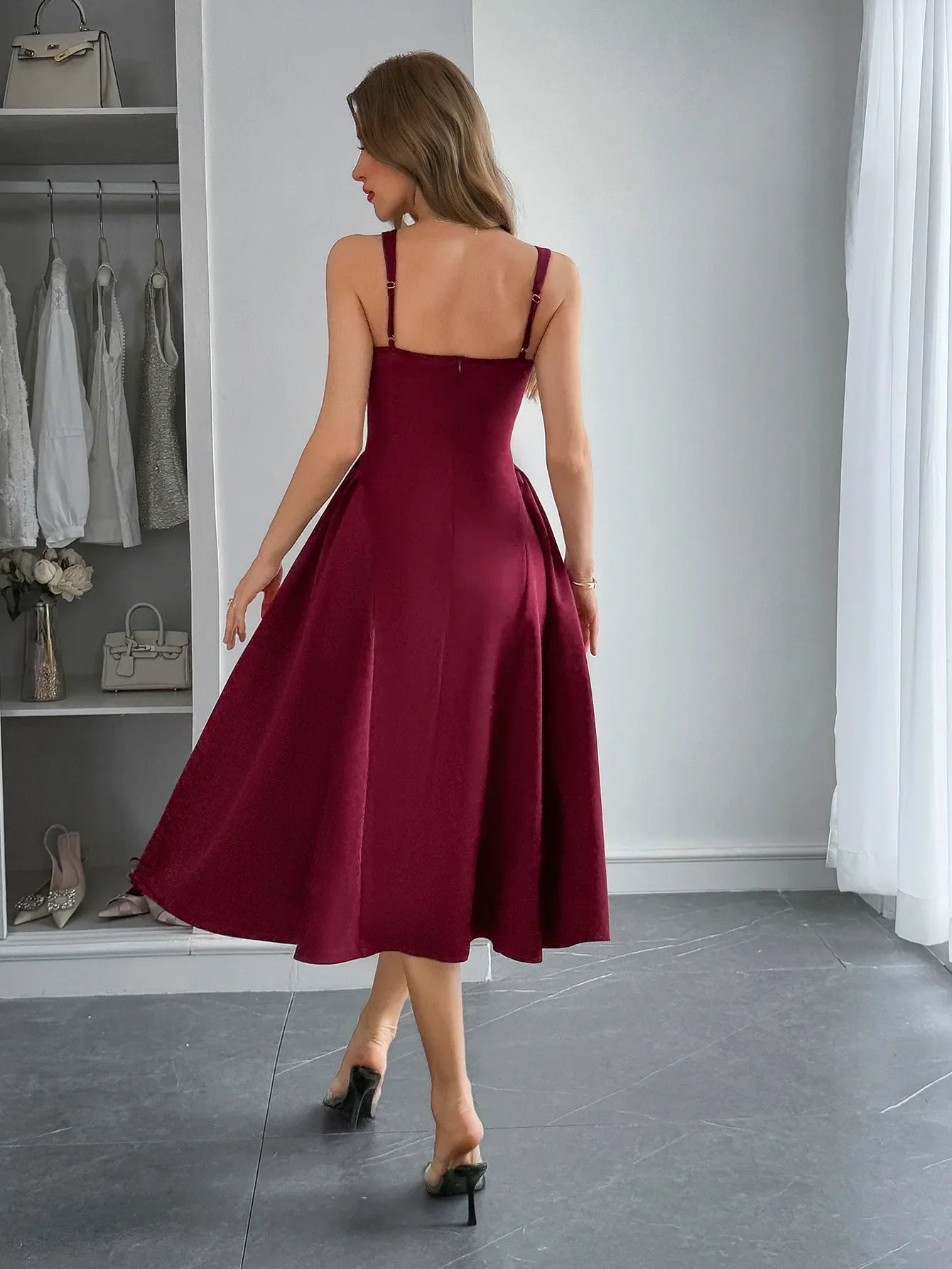 Square Neck Wide Strap Midi Dress