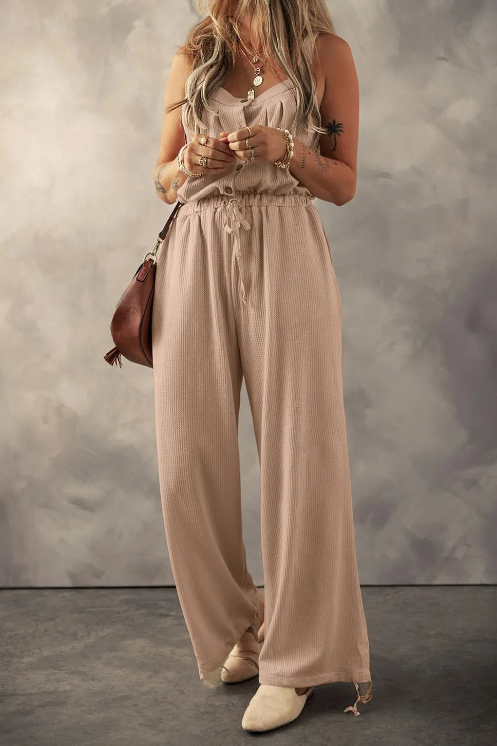 Knotted Straps Button Textured Drawstring Jumpsuit