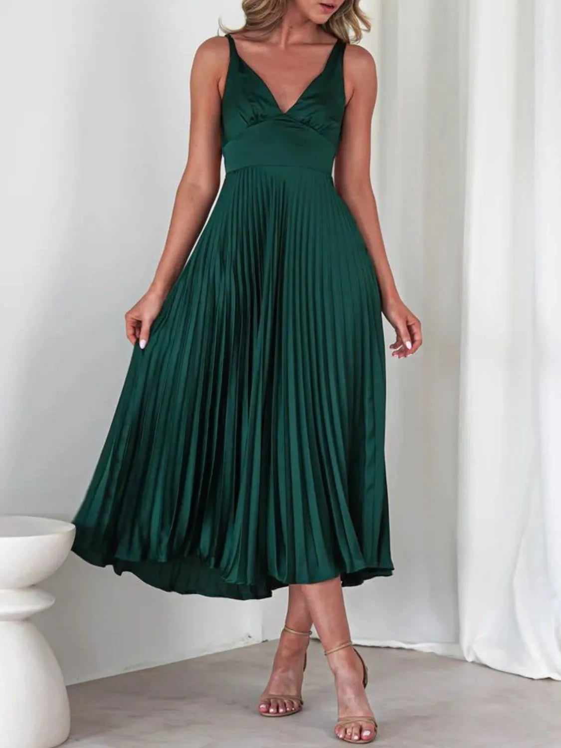Pleated Backless V-Neck Midi Cami Dress