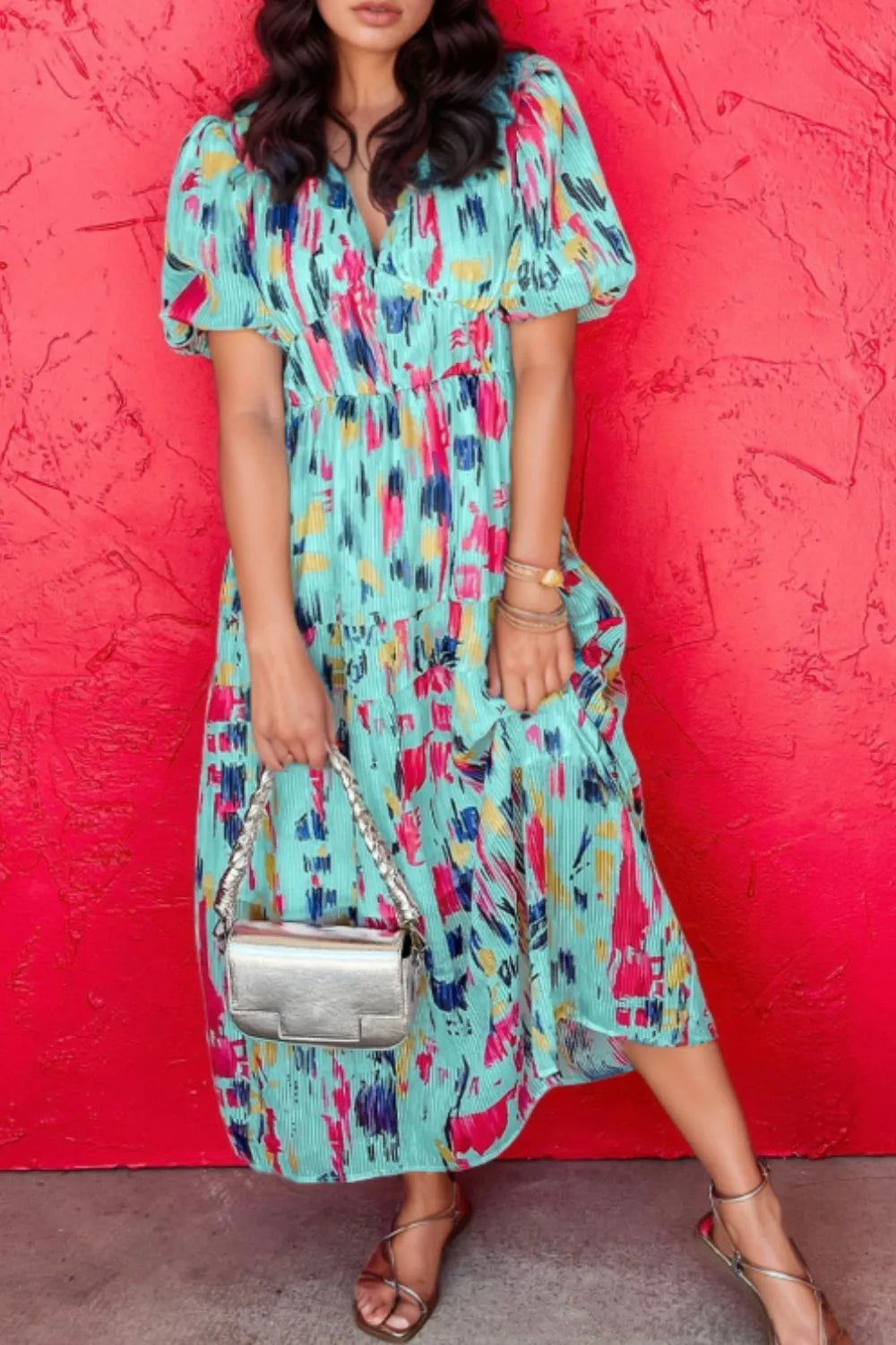 Abstract Puff Sleeve Maxi Dress