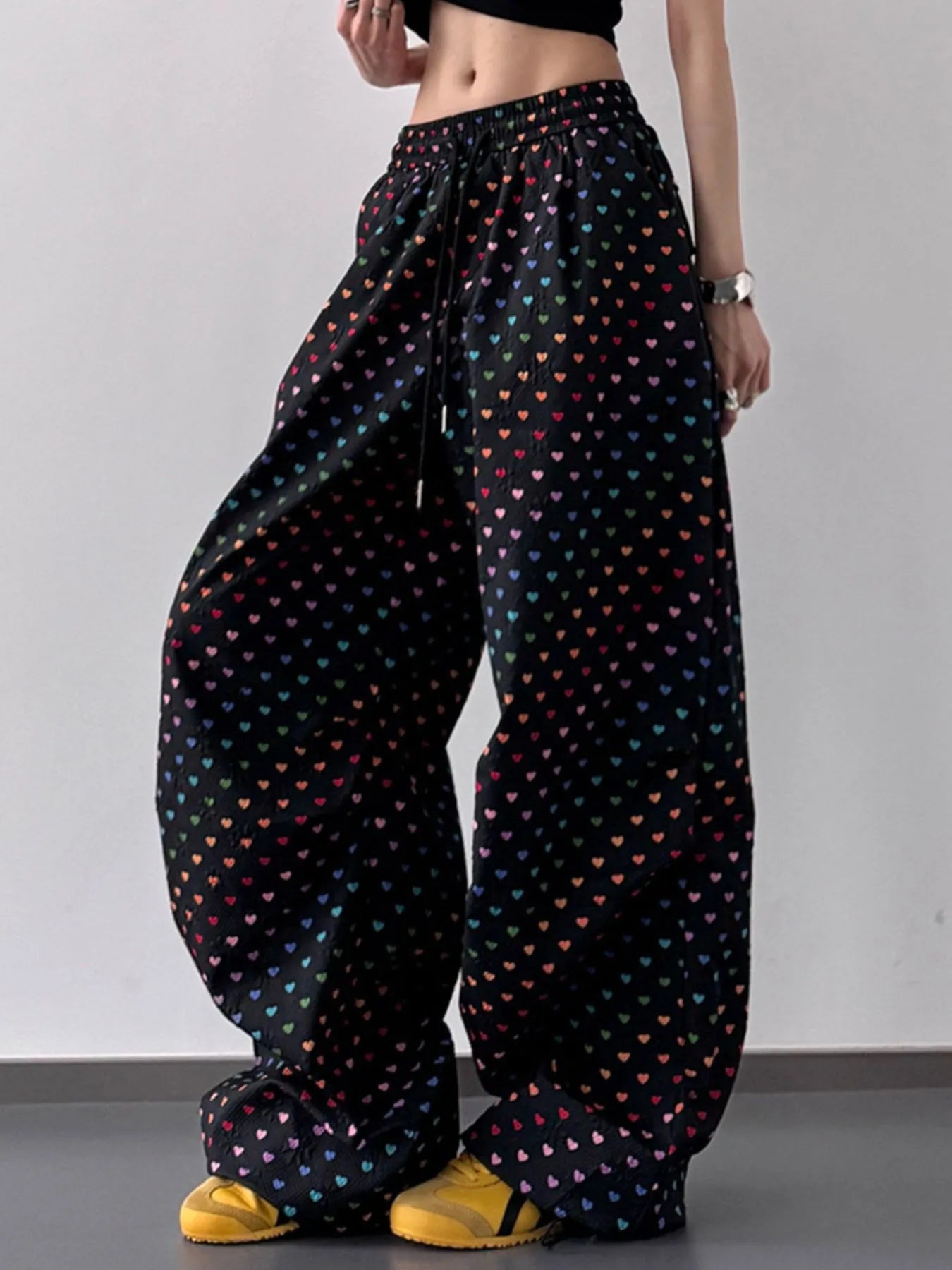 Heart Print Drawstring Wide Leg Pants