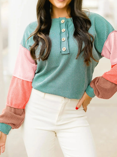 Color Block Ribbed Knit Henley Sweatshirt
