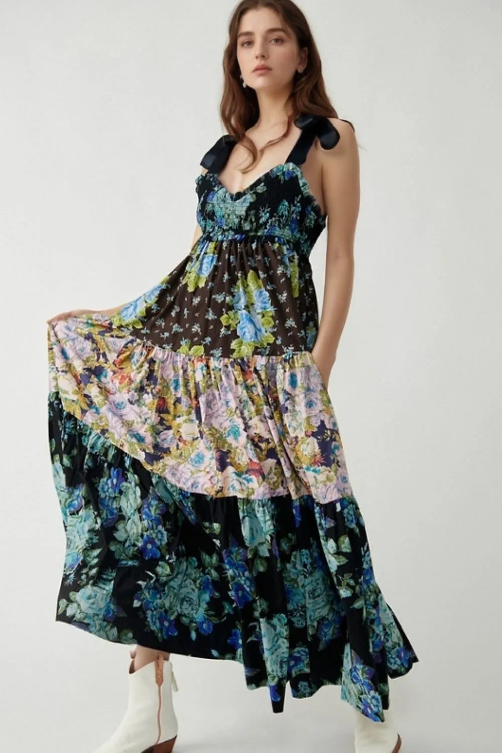 Mixed Print Floral Maxi Dress