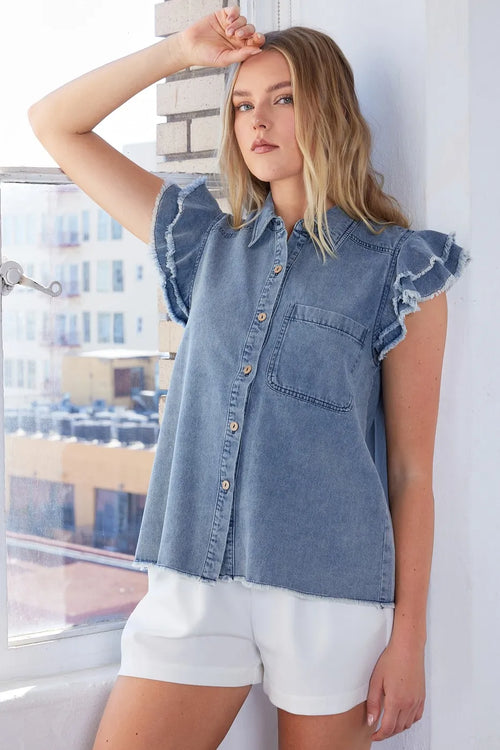 Ruffle Short Sleeve Denim Shirt