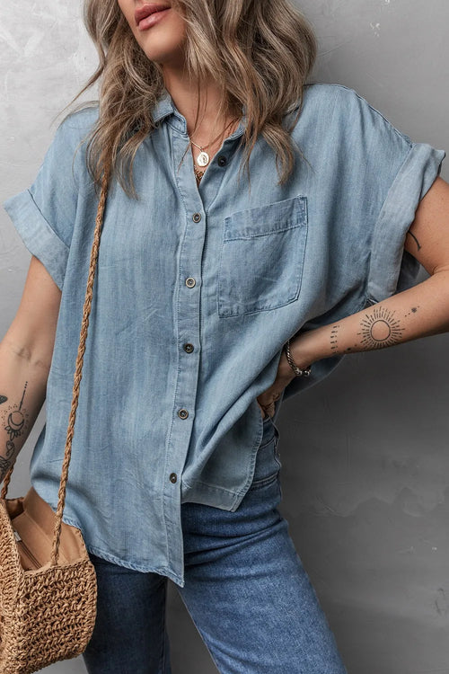 Folded Short Sleeve Patched Pocket Denim Shirt