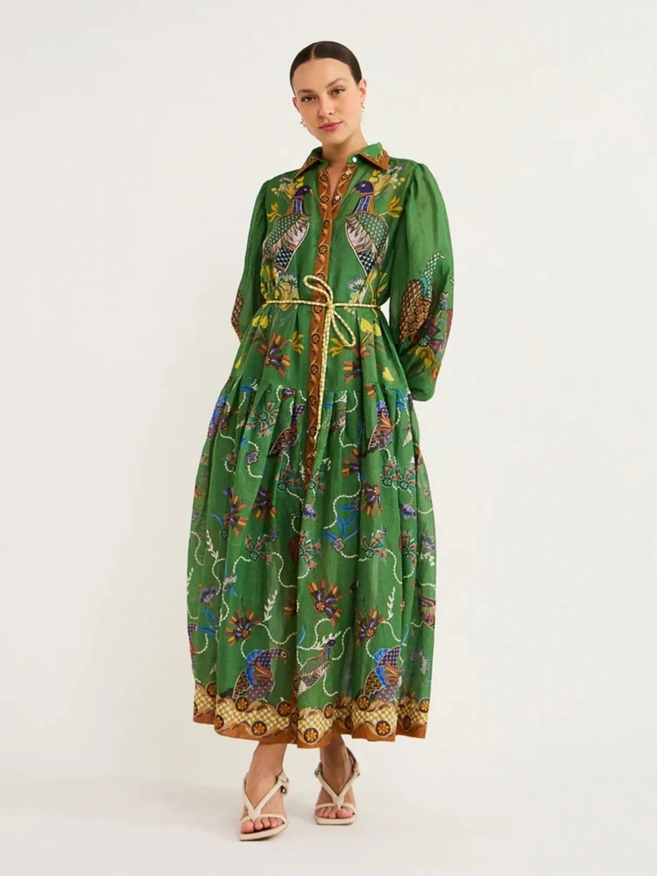 Printed Lantern Sleeve Maxi Shirt Dress