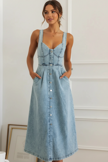 Sweetheart Neck Button-Front Midi Denim Dress