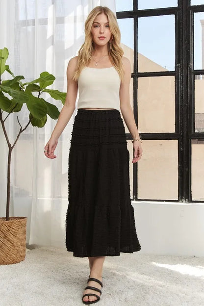 ADORA Elastic Waistband Tiered Midi Skirt