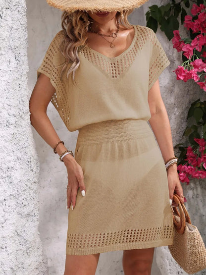 Openwork V-Neck Short Sleeve Cover-Up Dress
