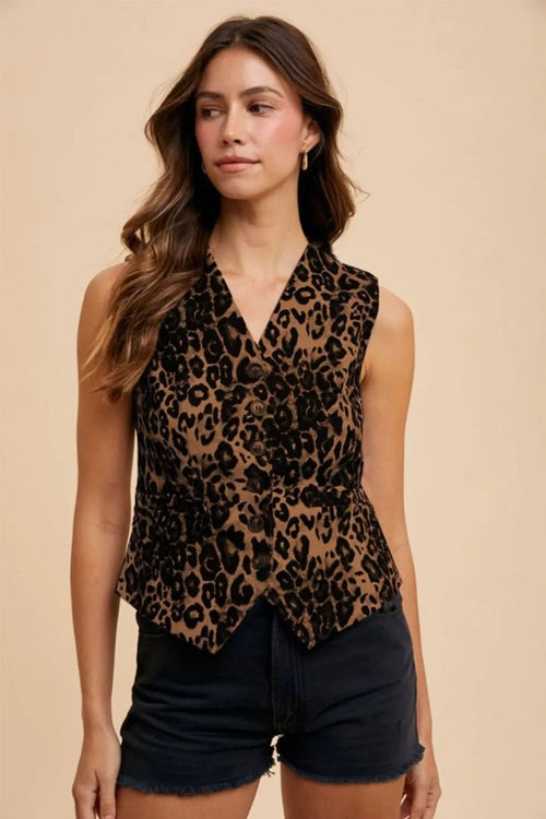 Leopard Button Denim Vest
