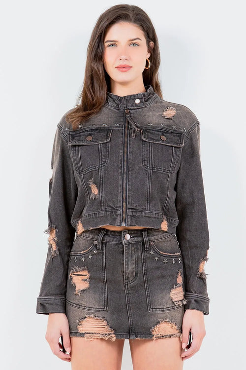 Distressed Star Denim Rider Jacket