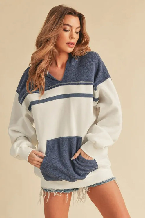 Aemi + Co Color Block Drop Shoulder Hoodie with Kangaroo Pocket