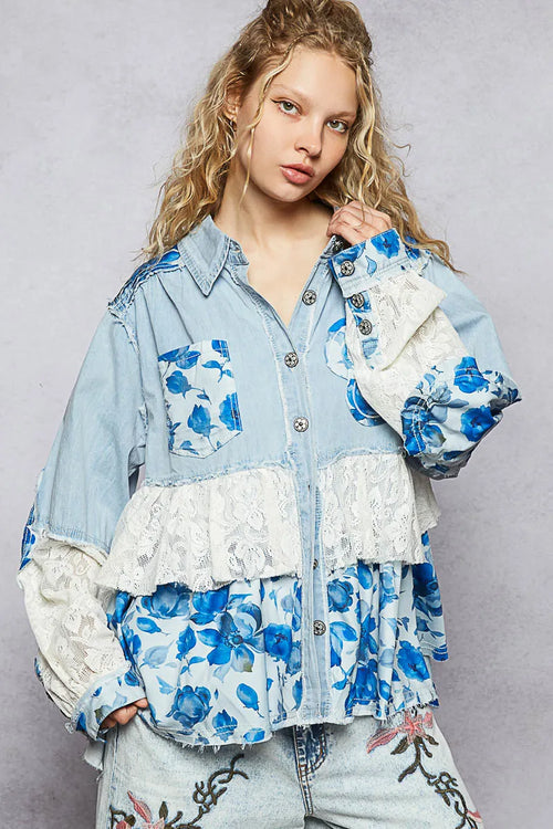 Lace Trim Denim Patchwork Shirt