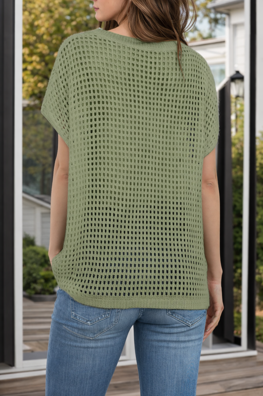 Openwork Round Neck Short Sleeve Cover-Up