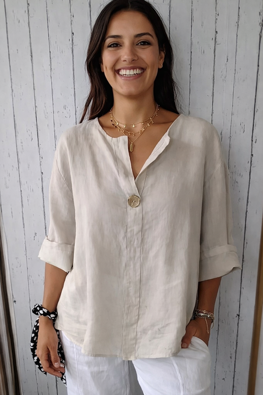 Notched Neck Drop Shoulder Blouse