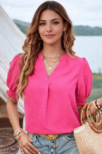 Notched Puff Sleeve Blouse