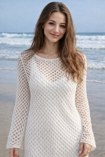 Crochet Backless Long Sleeve Cover-Up Dress