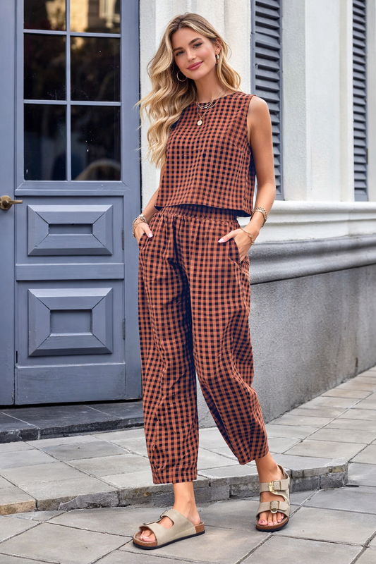 Lovelet Plaid Round Neck Sleeveless Top and Pants Set