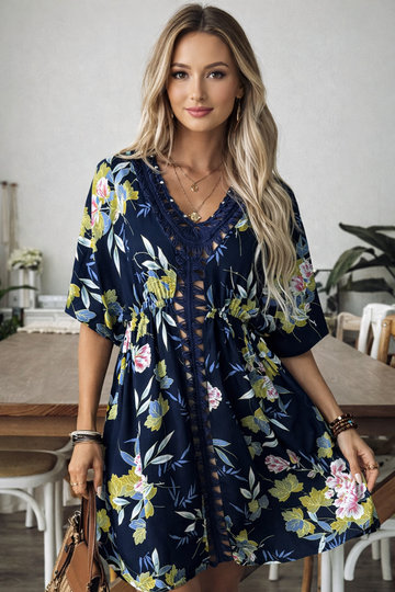 Crochet Front V-Neck Printed Cover-Up