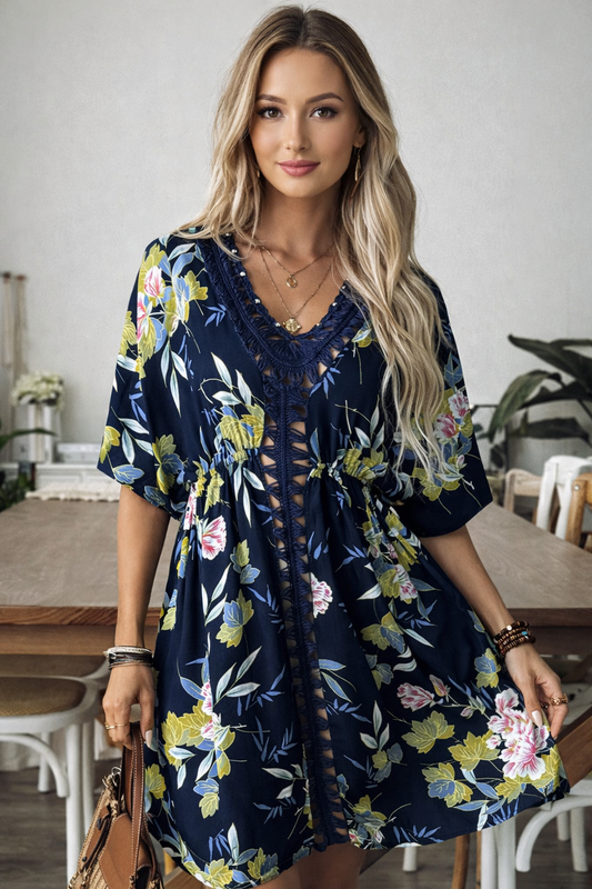 Crochet Front V-Neck Printed Cover-Up