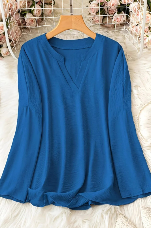 Notched Long Sleeve Casual Blouse