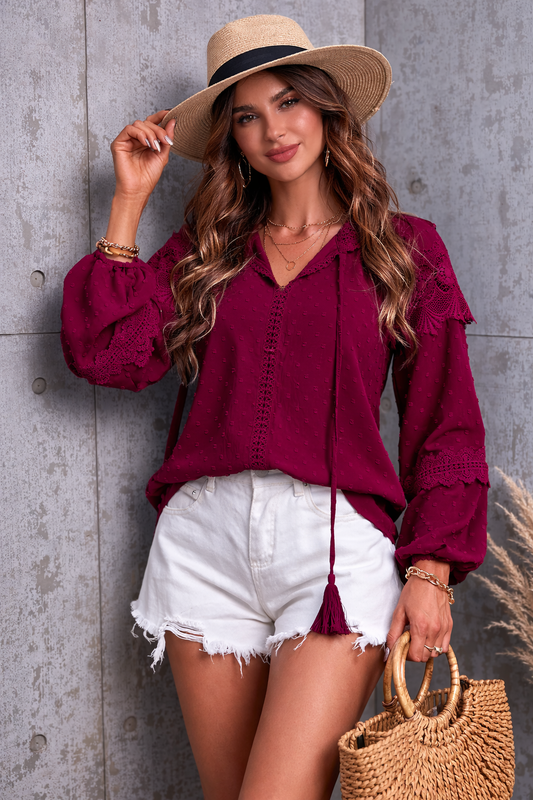 Crochet Tassel Tie Neck Long Sleeve Blouse