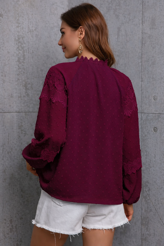 Crochet Tassel Tie Neck Long Sleeve Blouse