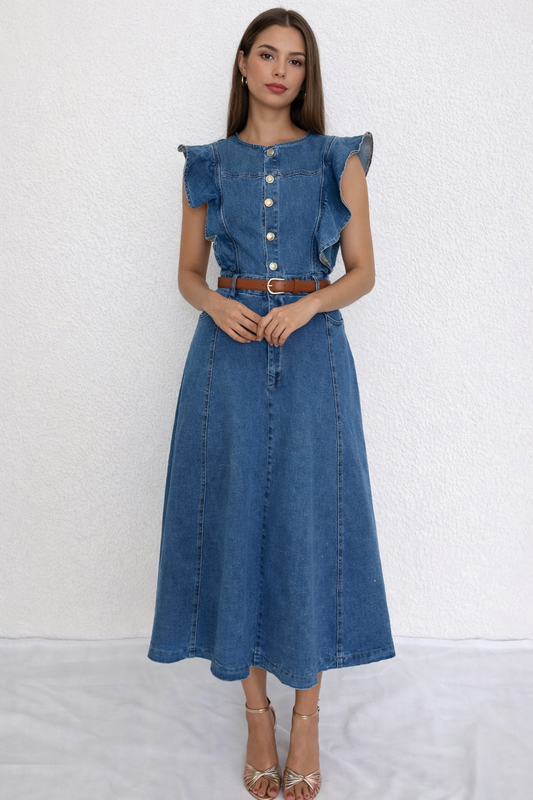 Robe midi en jean à boutons sur le devant et manches à volants
