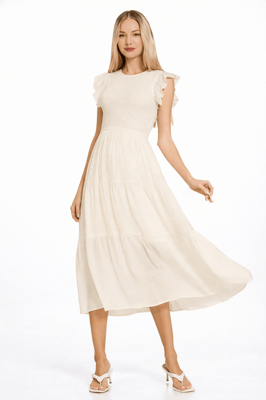 Zenana Woven Smocked Ruffle Sleeve Midi Dress