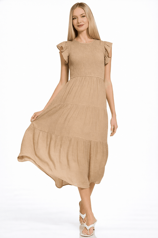 Zenana Woven Smocked Ruffle Sleeve Midi Dress