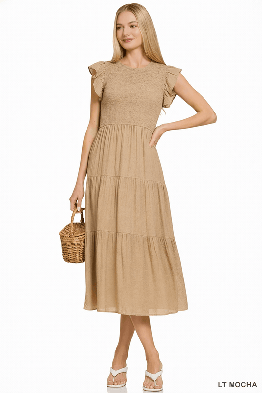 Zenana Woven Smocked Ruffle Sleeve Midi Dress