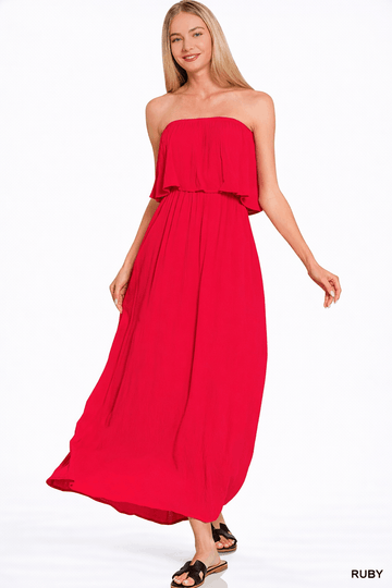 Zenana Woven Crinkle Strapless Maxi Dress
