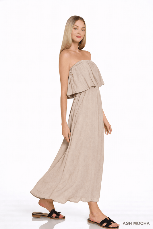 Zenana Woven Crinkle Strapless Maxi Dress