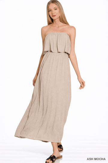 Zenana Woven Crinkle Strapless Maxi Dress