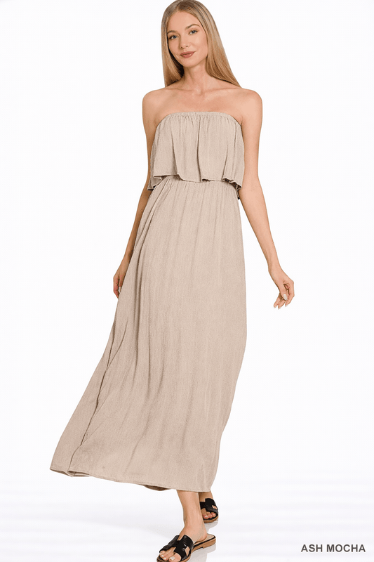 Zenana Woven Crinkle Strapless Maxi Dress