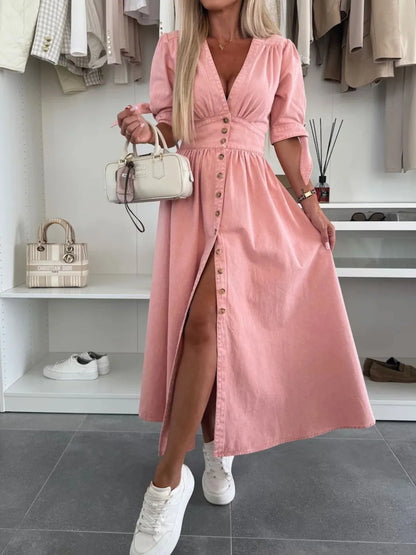 Button Front V-Neck Half Sleeve Denim Dress