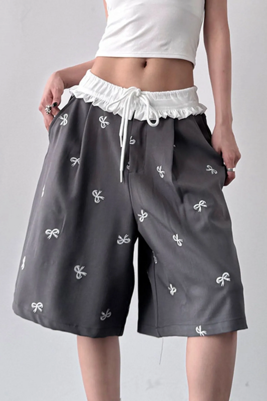Bow Print Wide Leg Shorts with Contrast Ruffle Waistband