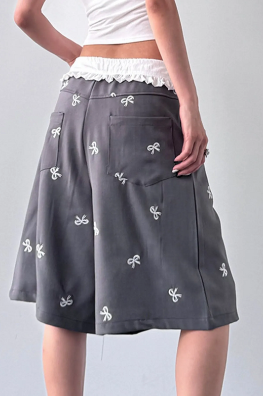 Bow Print Wide Leg Shorts with Contrast Ruffle Waistband