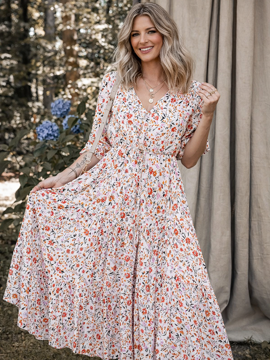 Boho Half Sleeve Floral V Neck Maxi Dress
