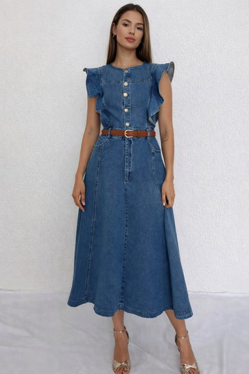 Robe midi en jean à boutons sur le devant et manches à volants