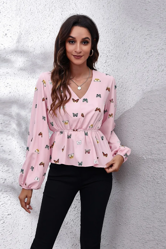 Butterfly V-Neck Balloon Sleeve Peplum Blouse