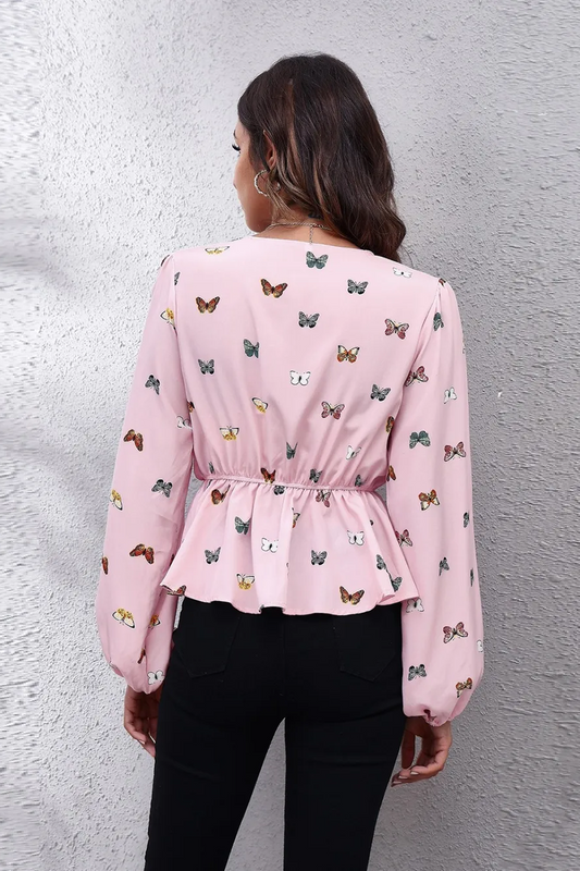 Butterfly V-Neck Balloon Sleeve Peplum Blouse