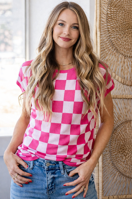 Checkered Cap Sleeve Casual Sweater Top