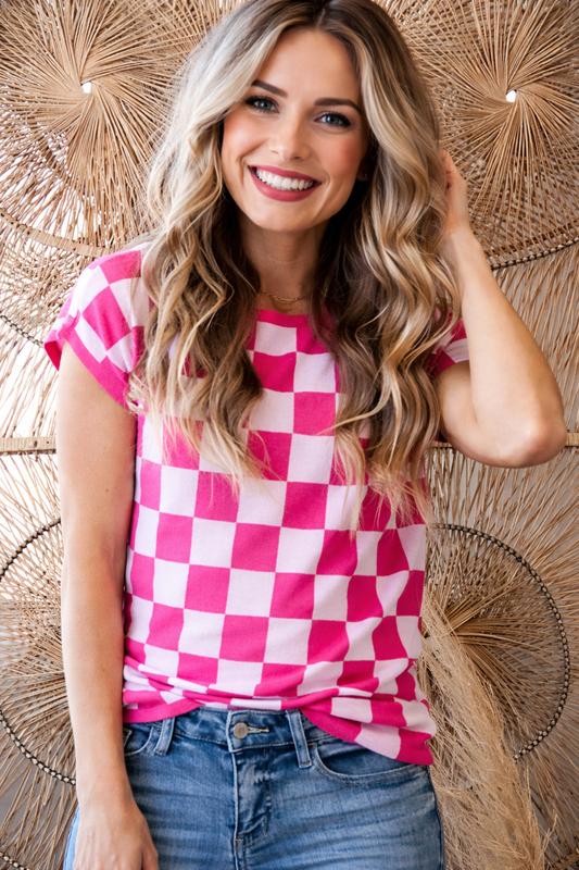 Checkered Cap Sleeve Casual Sweater Top